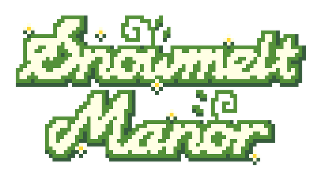 Pixelated script font with thick green outline; small flowers accent the text.