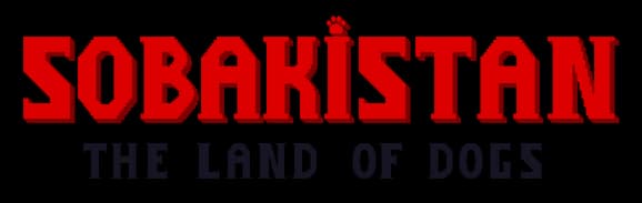 Sobakistan: Bold blocky red title with pawprint accent, dark shadowed subtitle.