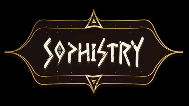 Stylized, angular font with geometric accents on dark ornate plaque.