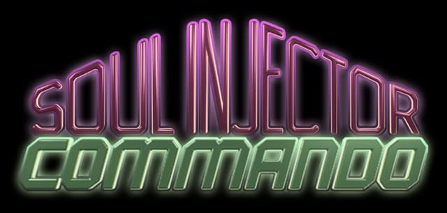 Soul Injector Commando: arched neon-pink and mint 3D block lettering with glow.