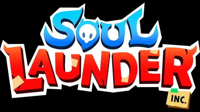 Soul Launder Inc.: chunky cartoon letters, blue-to-red gradient, bold outline, drop shadow.
