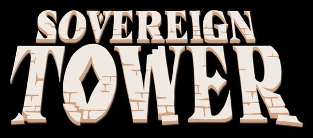 Sovereign Tower: Bold stone-carved serif letters with chiseled cracks and shadowing.