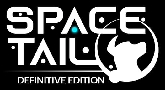Space Tail: Bold sci-fi stencil lettering with cyan A, dog silhouette in planet ring.