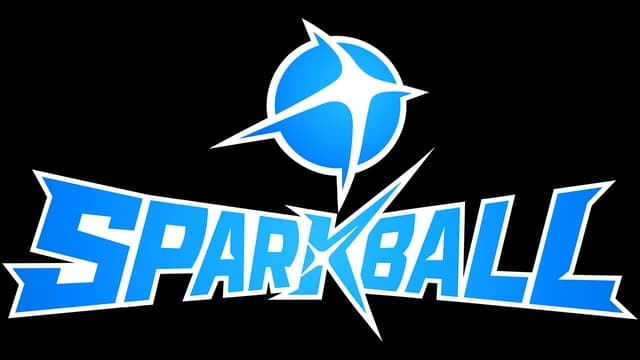 Bold, angular blue font with starburst and shadow; ball topped with spark.