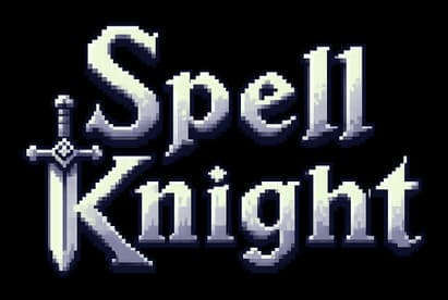 Spell Knight: Pixelated gothic serif letters with sword-shaped S, blue glow and shadow.