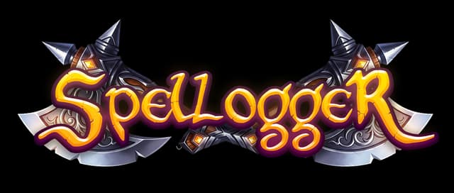 Spellogger: Curvy fantasy script with orange glow, layered over mirrored steel axes.