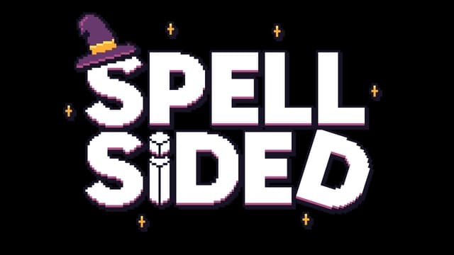 Pixelated white font with purple outline; wizard hat on "S"; stars around.