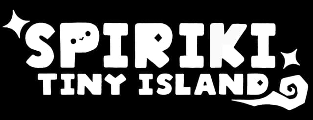 Spiriki: Bold rounded block letters with sparkles, plus tiny island subtitle silhouette.