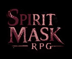 Spirit Mask RPG: Pixel-art serif letters with scanline glitch effect and bold outline.