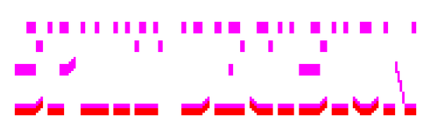 Split Decision: Bold pixel-block letters with magenta highlights and red drop shadow.
