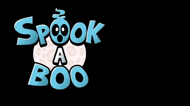 Playful blue font with a ghost replacing "o" and moon backdrop.