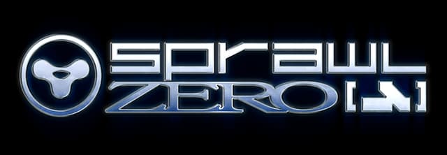 SPRAWL zero: chrome sci-fi wordmark with beveled edges, neon glow, emblem badge.