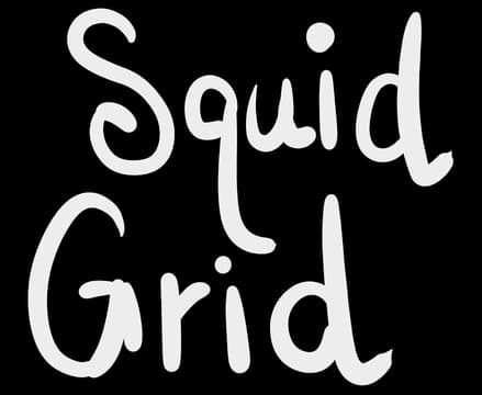 Squid Grid: Bold hand-drawn script with thick black outline and rounded curves.
