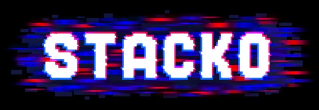 Stacko: Bold pixel font with neon glitch streaks and chromatic offset edges.