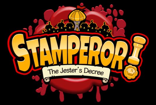 Stamperor! The Jester’s Decree: Bold curved yellow letters, red splat, stamp icon.