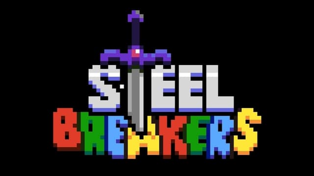Pixelated font with multicolored letters; a sword pierces through the text.