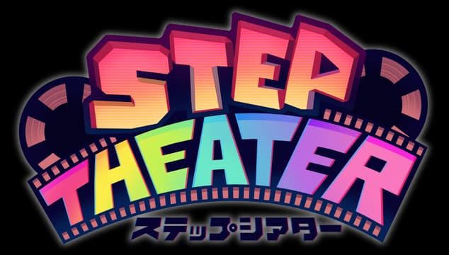 STEP THEATER: Bold arched 3D letters with rainbow gradient, thick outline, filmstrip trim.