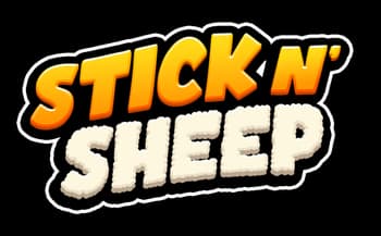 Stick N’ Sheep: Bold orange gradient letters over fluffy white text with black outline.