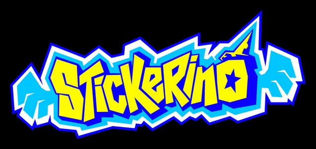 Stickerino: Jagged graffiti-style yellow lettering with thick blue-white outline and star cutout.