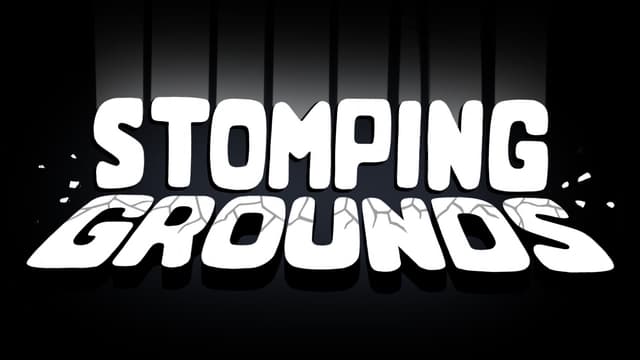 Blocky, white font with cracked effect and hanging shadow lines.