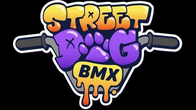 Cartoon-style text with paw print, handlebars, and dripping effect.