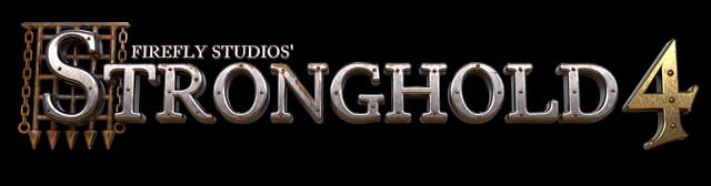 Stronghold 4: Beveled metallic serif title with chain-framed S and gold 4.