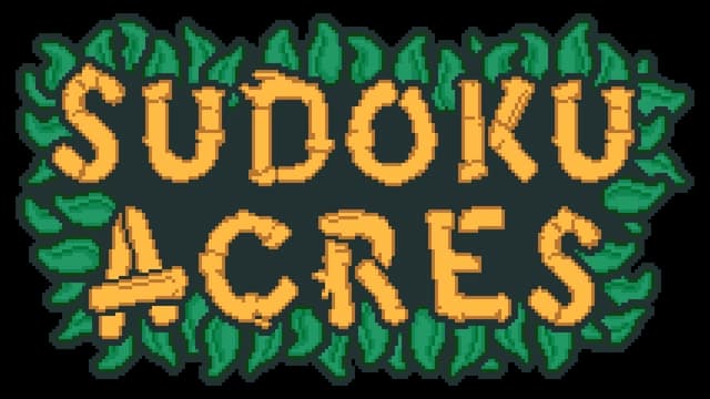 Pixelated letters resembling wooden planks, surrounded by green leaves.