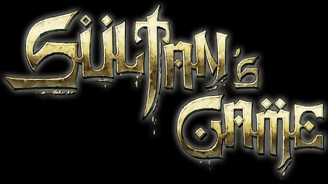 Gold textured font with diamond accents; sword forms the letter "T".