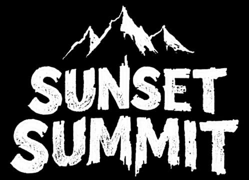 Sunset Summit: Bold distressed block letters with rough texture, mountain peak icon above.