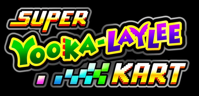 Super Yooka-Laylee Kart: Bold 3D italic text with neon gradients, thick outline, motion pixels.