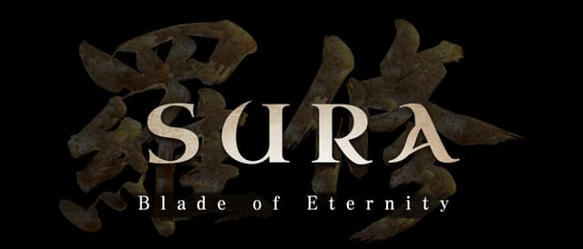 SURA: Distressed serif lettering over rough brushstroke kanji, subtle metallic sheen.