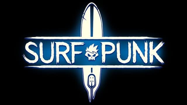 Edgy white brushstroke font with a surfboard and skull design elements.