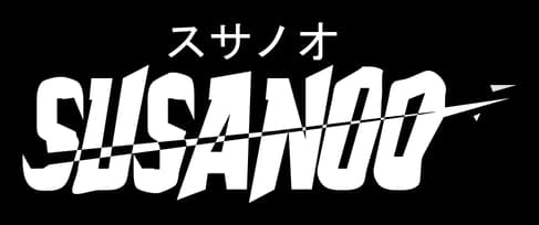 Susanoo: Sharp brushstroke serif lettering with ink splatter and slash-like underline.