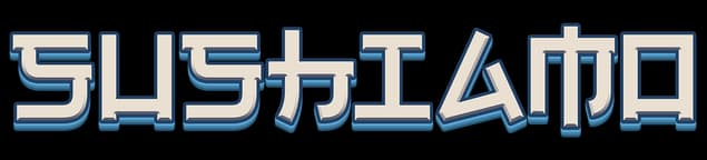 Sushiamo: blocky sci-fi lettering with beveled 3D shading and bold outline.