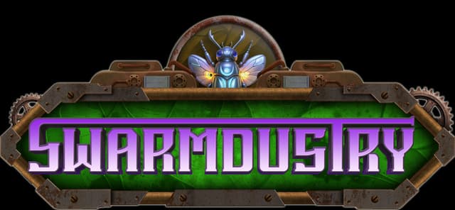 Swarmdustry: Bold beveled sci-fi letters in purple on a metal-framed plaque.