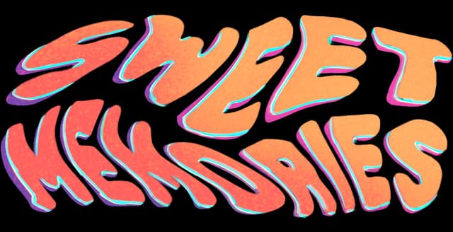 Sweet Memories: Wavy bubble letters with neon cyan-magenta outline and soft glow.