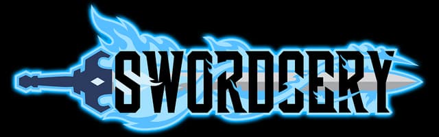 Swordcery: Bold black serif letters with icy blue outline and flaming sword silhouette.