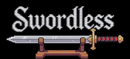 Swordless: Pixel-art gothic serif title with drop shadow, sword on display stand beneath.