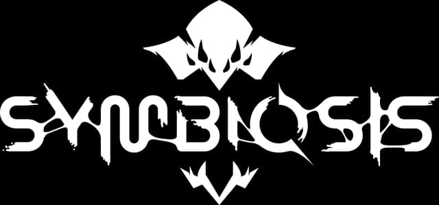 Symbiosis: Bold sci-fi wordmark with glitch streaks and sharp alien emblem above and below.