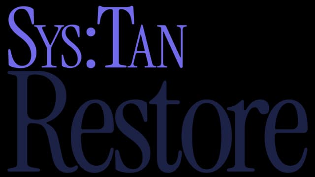 sys: Stylized serif title with split coloring and oversized “Restore” subtitle.
