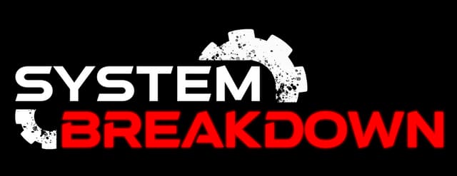 System Breakdown: Bold stencil sans text with distressed gear silhouette behind title.