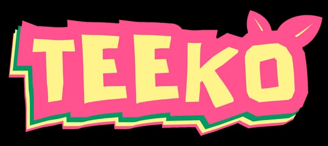 Teeko: Chunky yellow letters on bold pink badge, green shadow, leaf accent.