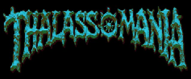 Thalassomania: Arched dripping pixel font with distressed, glitchy aqua glow.