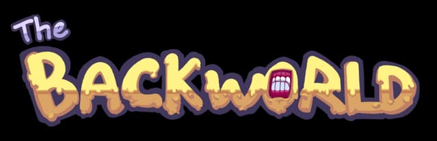 The Backworld: Chunky dripping letters with purple outline; O is a toothy mouth icon.