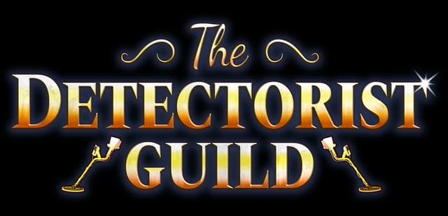 The Detectorist Guild: gold beveled serif text with glow, spark accent, detector icons.