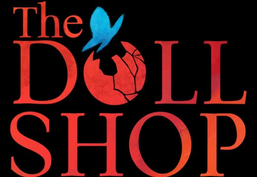 The Doll Shop: Distressed red serif caps with blue butterfly silhouette above O.