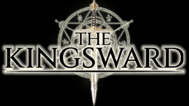 The Kingsward: Bold serif lettering with vertical sword centerpiece and subtle glow.