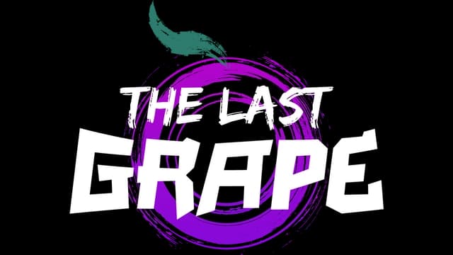 Stylized text with jagged edges on a purple brush stroke forming a grape.