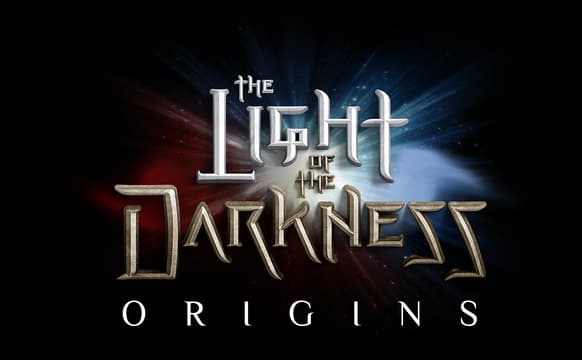The Light of the Darkness: Metallic 3D text with a sharp, angular and stylized font.