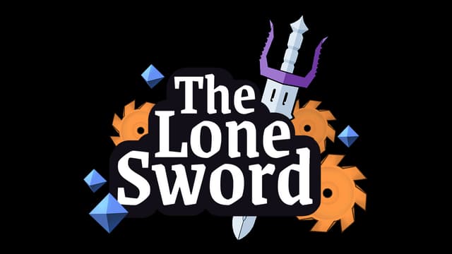 Bold serif font with sword piercing through gears and blue crystals.